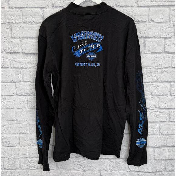 Harley Davidson Long Sleeve Shirt Black Size 2X Greenville, SC Blue Flame Logo - Picture 6 of 7